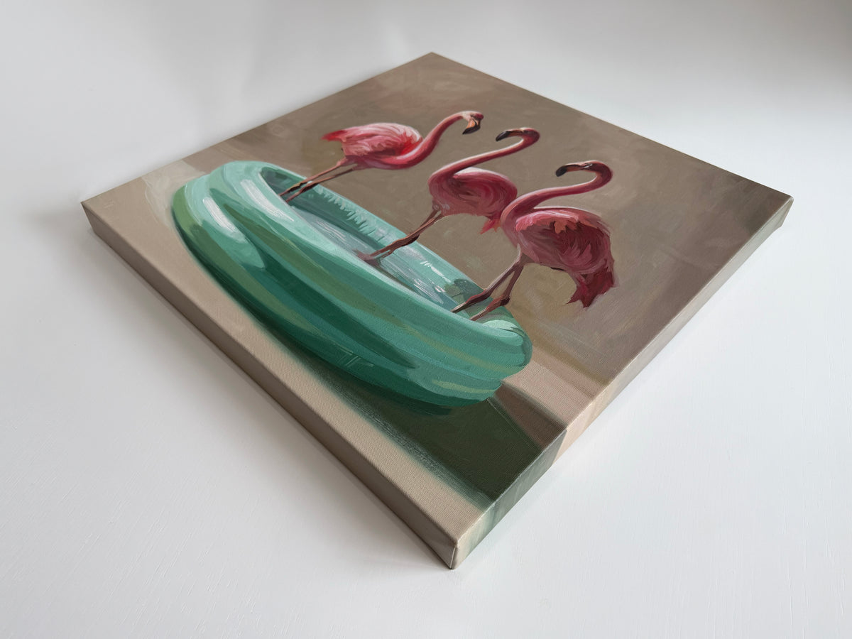 20x20 inch oil painting of three vibrant pink flamingos standing in a small, turquoise inflatable kiddie pool.