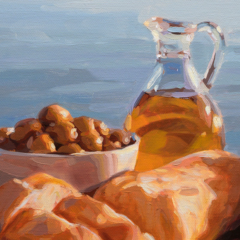 Original oil painting of bread, a bowl of nuts, and a glass carafe of oil against a blue seaside background, 20x16 inches.