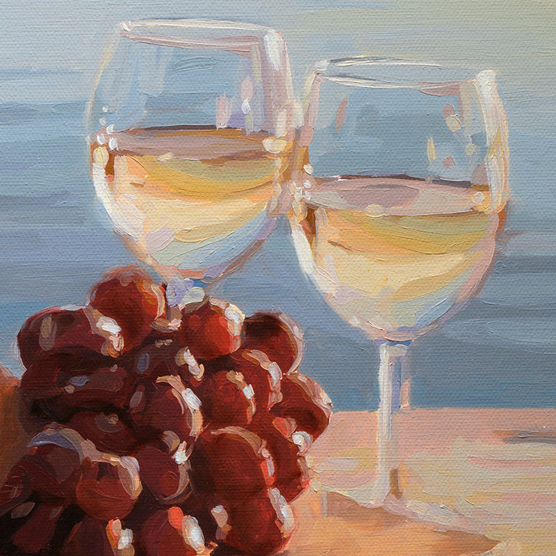 Original oil painting of two wine glasses and red grapes on a table, 20x16 inches, featuring soft coastal blue tones.