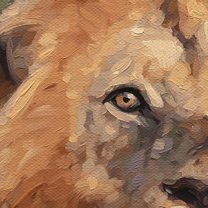 Close-up of a 14x11 inch oil painting on canvas featuring the expressive, textured golden-brown eye of a lion.