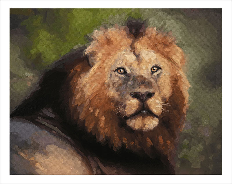 Fine art print of a South Shishangeni lion oil painting on textured cotton rag paper with a white border.