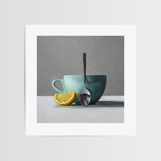 Lemon Wedge, Cup & Spoon Fine Art Print by Lauren Pretorius: a white lemon wedge, light blue cup and teaspoon.