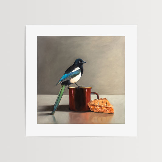 Magpie, Apple Pie and Coffee Fine Art Print by Lauren Pretorius: The perfect combination to roll in the Spring season a Mountain Bluebird perched on a cup of Blueberry Tea.