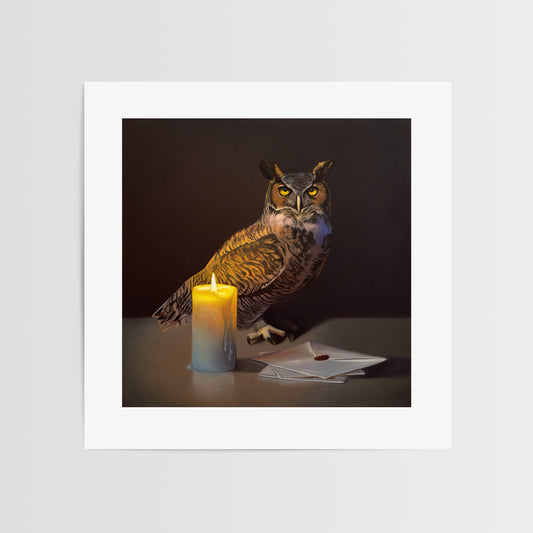 Owl Post Fine Art Print by Lauren Pretorius: a Great Horned Owl standing next to a candle-lit trio of letters with a dark and moody background.