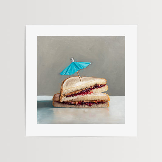 Peanut Butter and Jelly Sandwich Paradise Fine Art Print by Lauren Pretorius: a classic peanut butter and jelly sandwich basking under the shade of a cocktail umbrella.