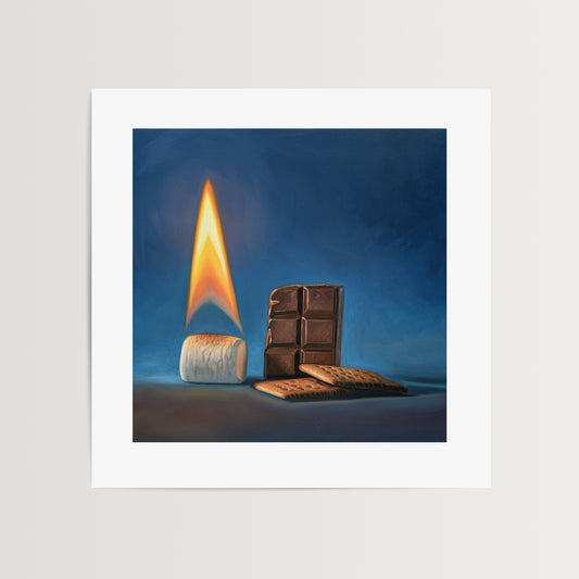 S'more Fine Art Print by Lauren Pretorius: a s'more with a lit flame, roasted marshmallow, and chocolate on a blue background.