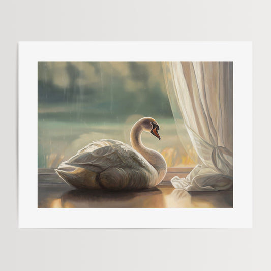 Solitary Swan Fine Art Print by Lauren Pretorius: a swan looking out from a window, with an archival pigment ink on 230gsm matte archival fine art paper.