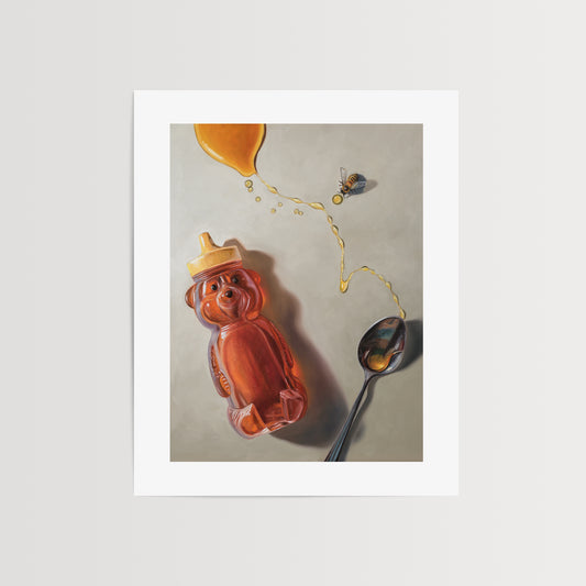 Spilled Honey, Spoon & Bee Fine Art Print by Lauren Pretorius: a bear-shaped honey container, a spoon, and a bee with spilled honey elements, printed on matte archival fine art paper.