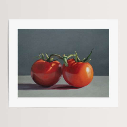 Tomato Pair Fine Art Print by Lauren Pretorius: two tomatoes with green stems on a grey background.