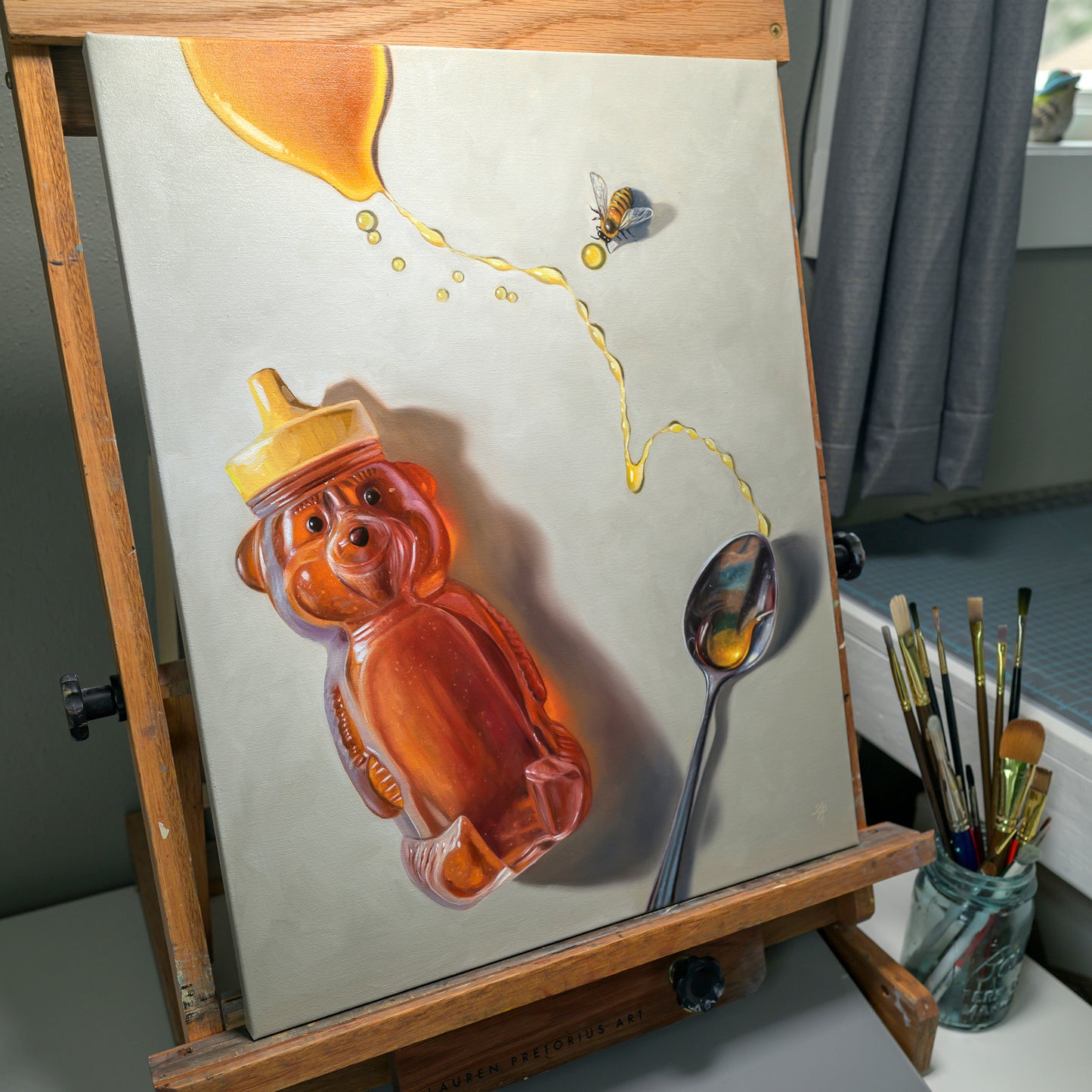 Spilled Honey, Spoon & Bee | 16" x 20" Original Oil Painting