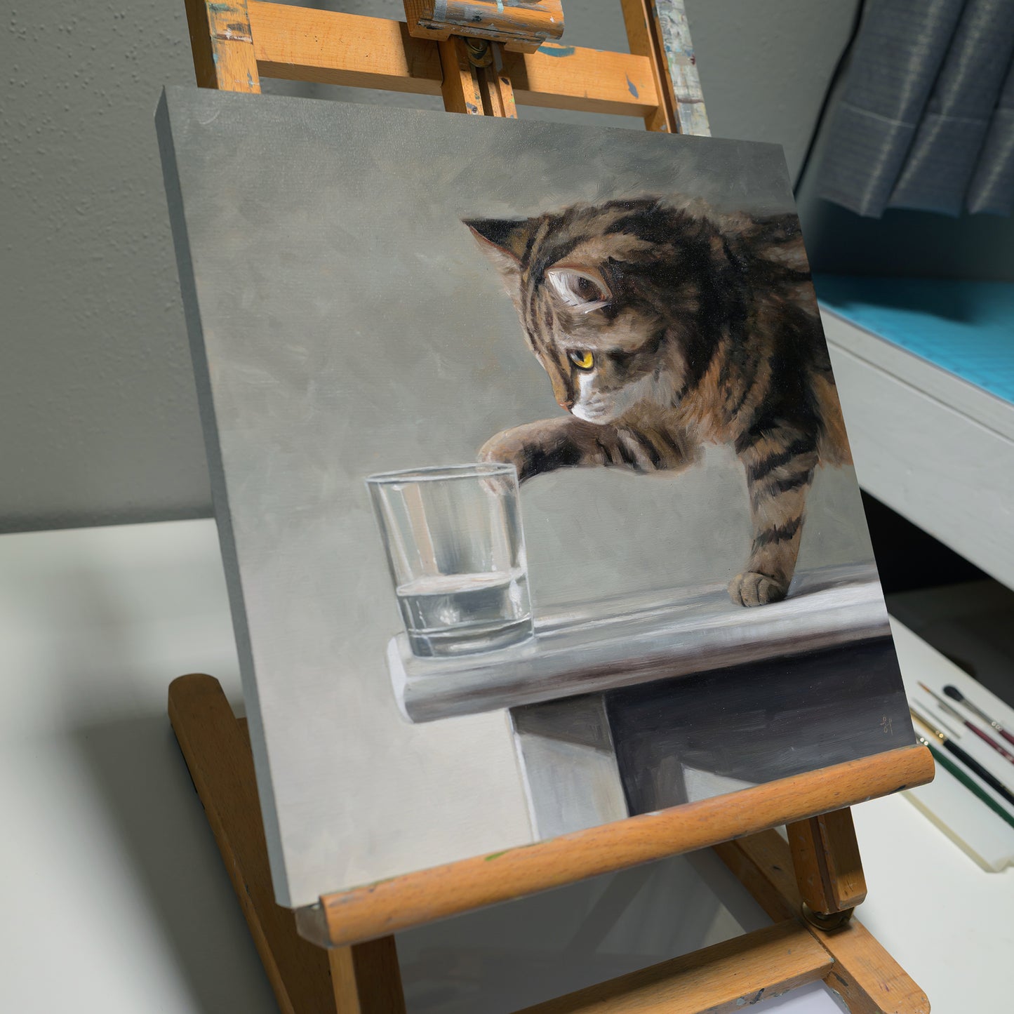Cat & Water Glass | 12" x 12" Original Oil Painting