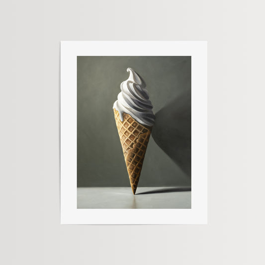Vanilla Ice Cream Cone Fine Art Print by Lauren Pretorius: a waffle cone packed with a plentiful portion of creamy vanilla ice cream.
