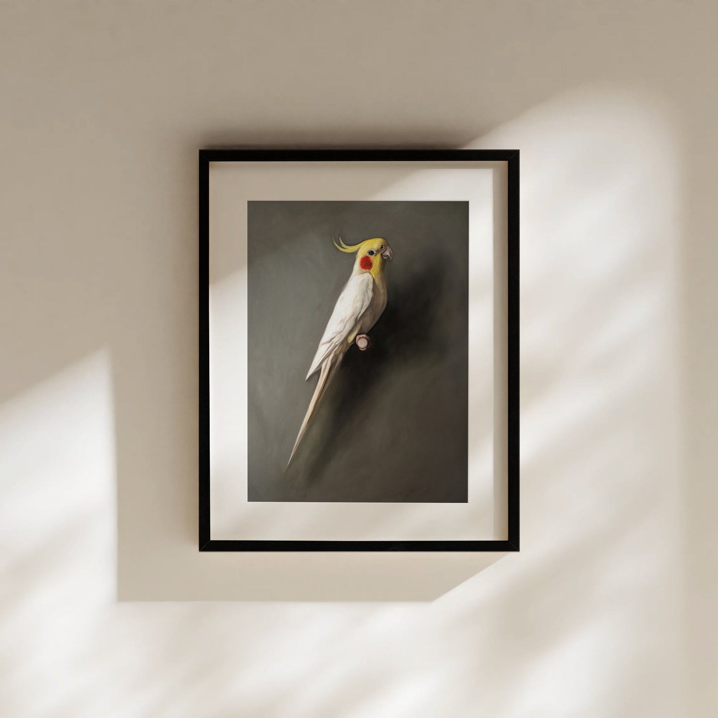 Framed fine art print of a white cockatiel with yellow crest and orange cheek patch, on a dark background.