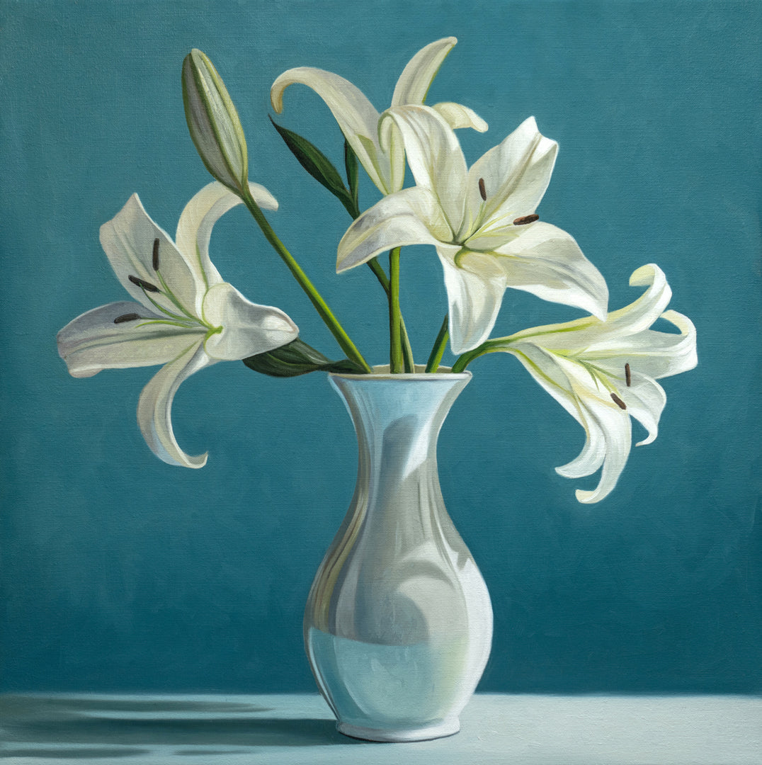 artwork featuring a white vase filled with white lilies and a turquoise background