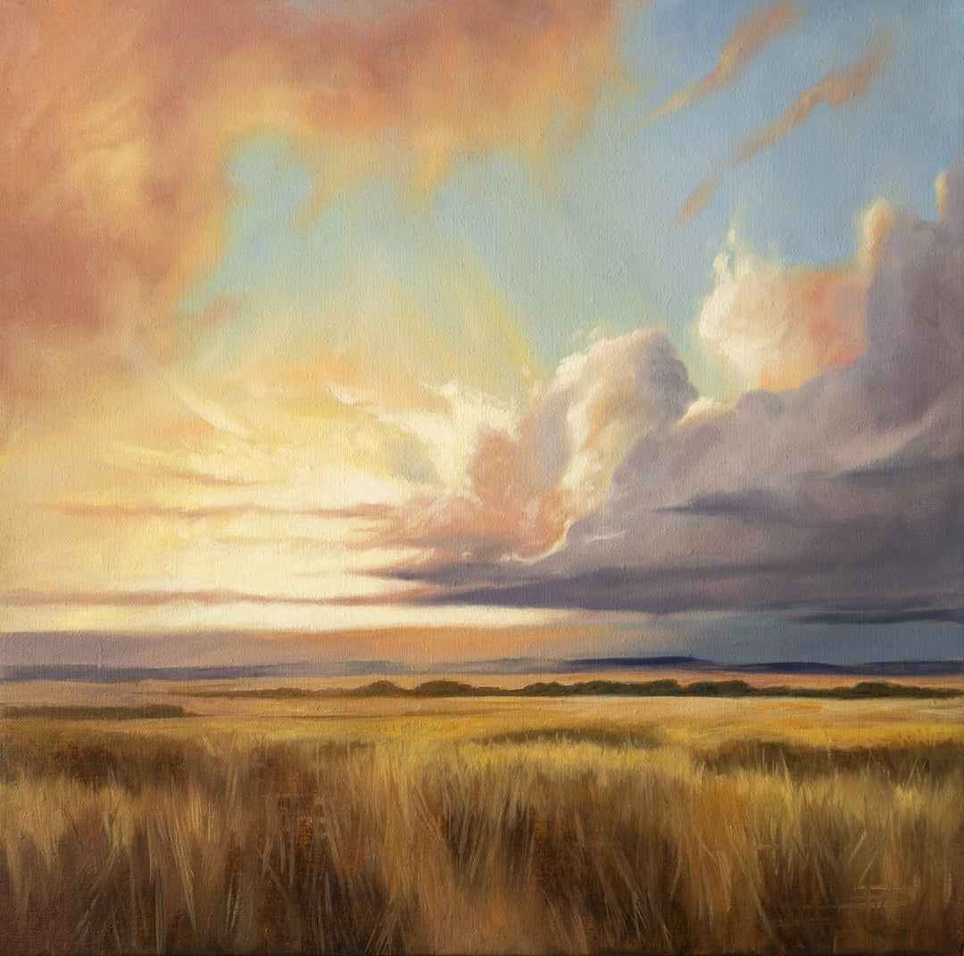 artwork featuring a prairie landscape at sunset