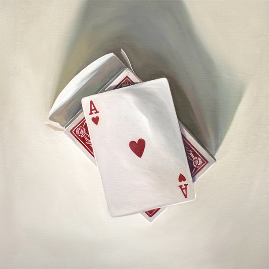 This artwork features an ace of hearts playing card resting on the card pack on a light surface.