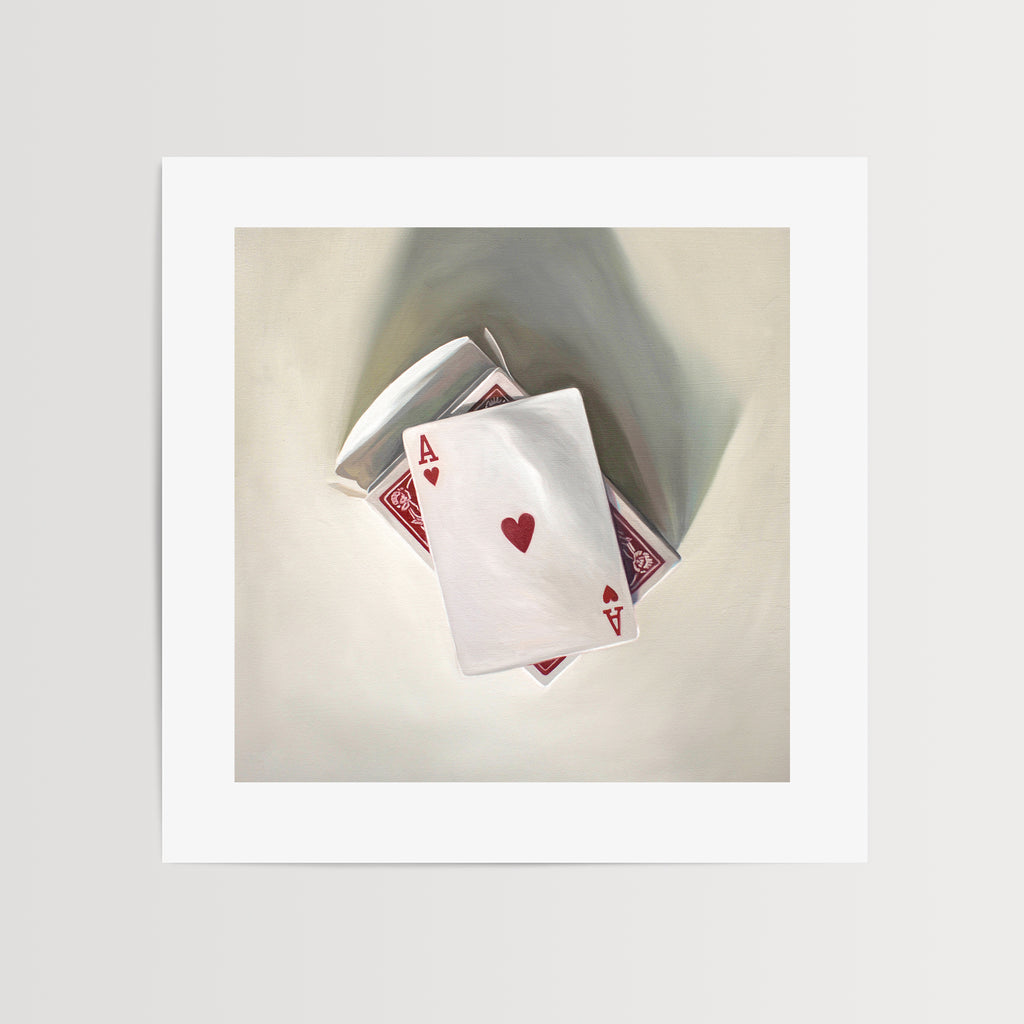 This artwork features an ace of hearts playing card resting on the card pack on a light surface.