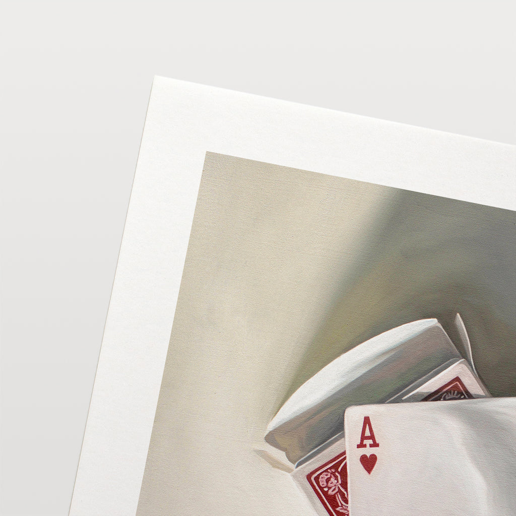 This artwork features an ace of hearts playing card resting on the card pack on a light surface.