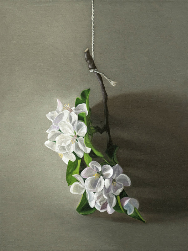 This artwork features a branch of apple blossoms dangling from a string with some nice dramatic lighting.