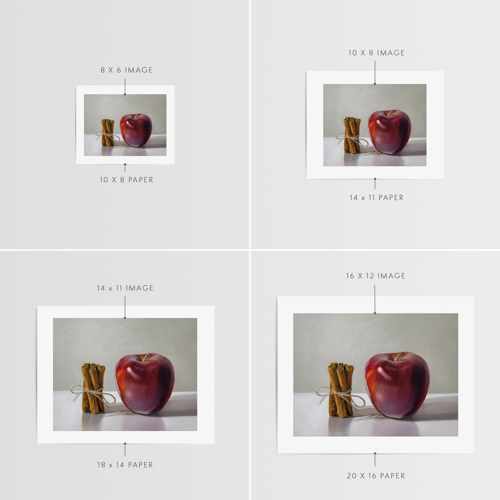 This artwork features a bundle of cinnamon sticks standing next to a red delicious apple with a neutral, minimalistic backdrop.