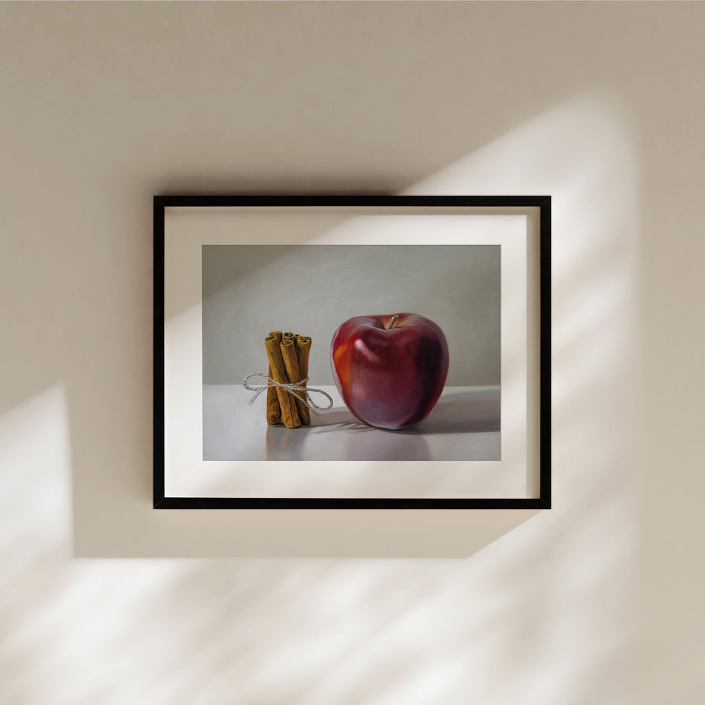 This artwork features a bundle of cinnamon sticks standing next to a red delicious apple with a neutral, minimalistic backdrop.