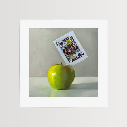 This artwork features a pun on the word ‘Applejack’. A Jack of Hearts playing card is embedded in the upper right corner of a bright green granny smith apple.