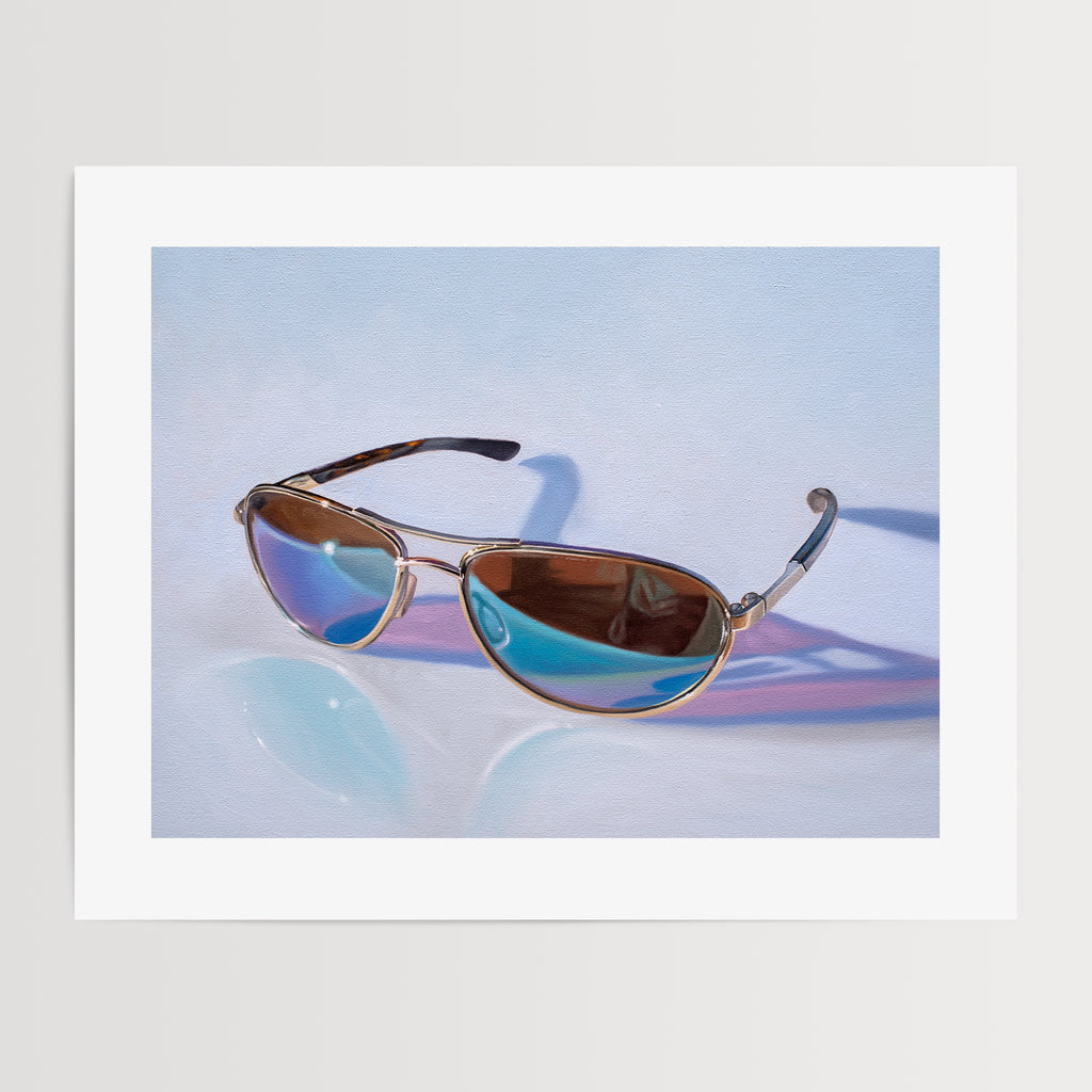 This artwork features a pair of reflective aviator sunglasses resting on a light, reflective surface.