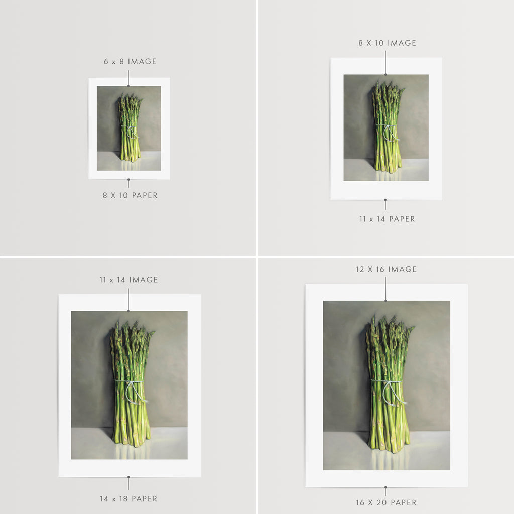 This artwork features a bunch of asparagus resting on a light, reflective surface.