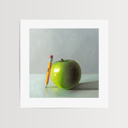 This artwork features granny smith apple and a well used #2 pencil on a light surface with dramatic lighting and cast shadows.