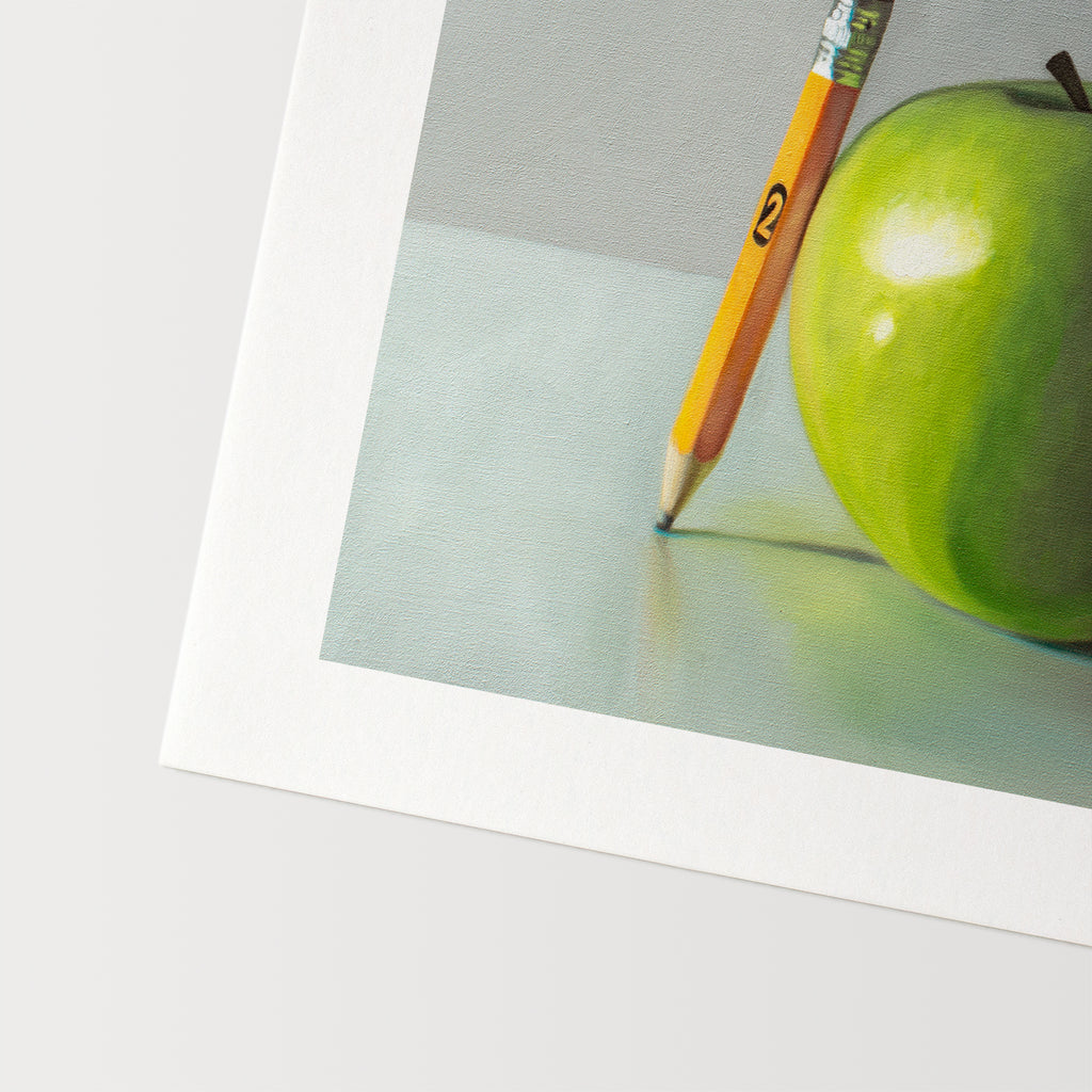 This artwork features granny smith apple and a well used #2 pencil on a light surface with dramatic lighting and cast shadows.