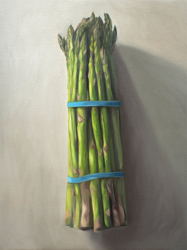 This artwork features a bunch of asparagus resting on a light, reflective surface.