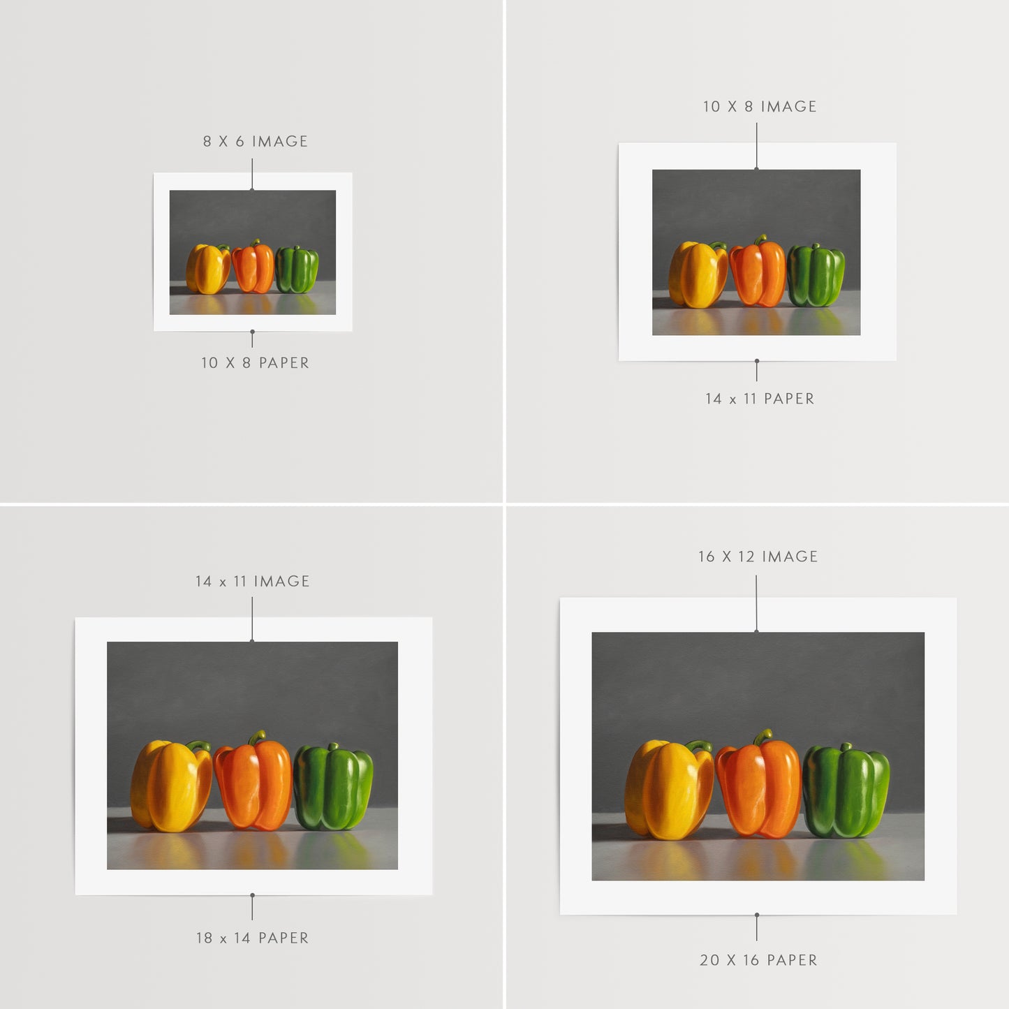 This artwork features a trio of yellow, orange and green bell peppers.