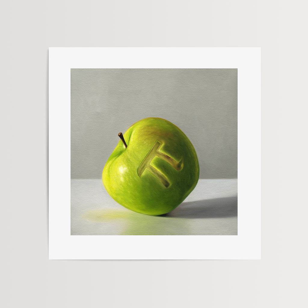 This artwork features a whimsical pun on apple pie. A numeric pi symbol is carved into the front of a granny smith apple.