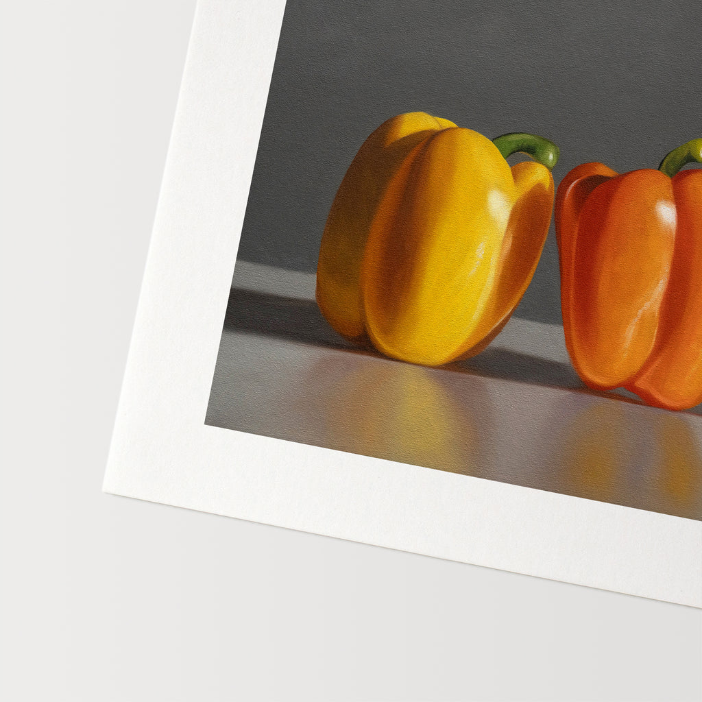 This artwork features a trio of yellow, orange and green bell peppers.