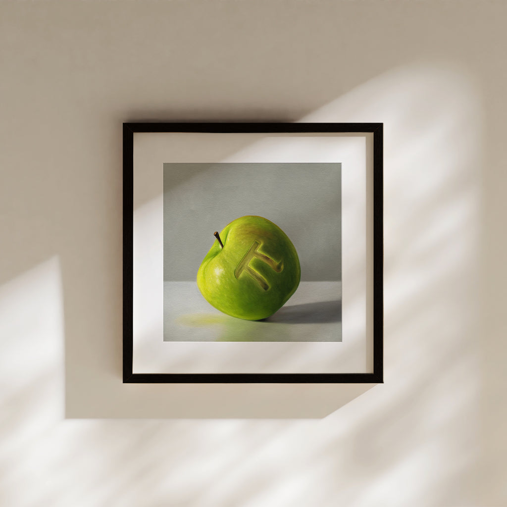 This artwork features a whimsical pun on apple pie. A numeric pi symbol is carved into the front of a granny smith apple.
