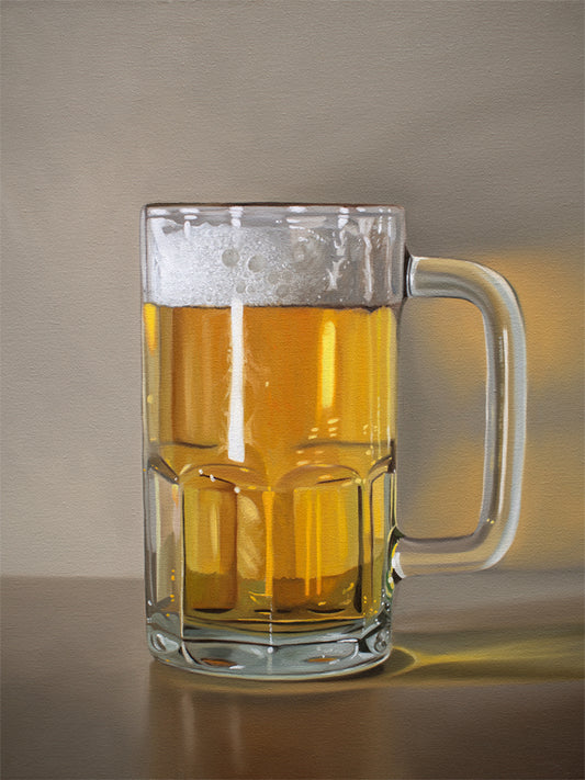 This artwork features a freshly poured beer in a glass mug with a nice bit of foam.