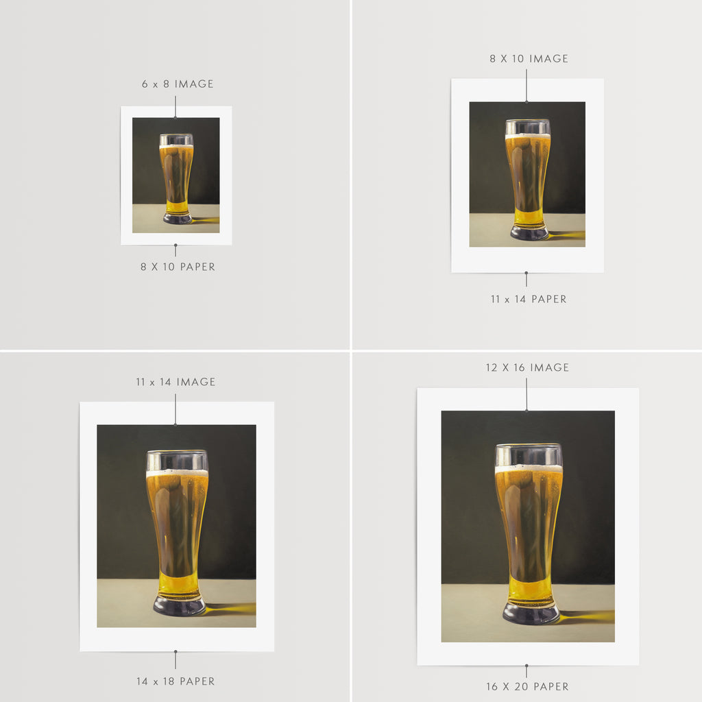 This painting features a freshly poured glass of pilsner beer set against a warm dark background.