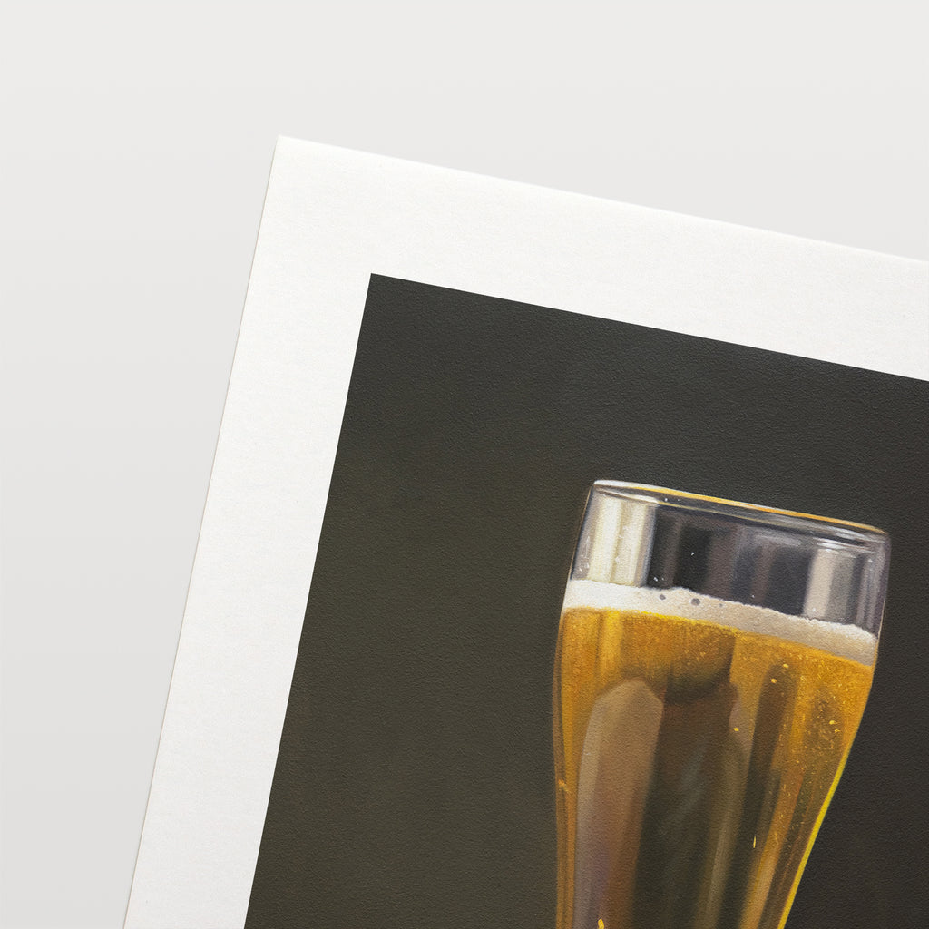 This painting features a freshly poured glass of pilsner beer set against a warm dark background.