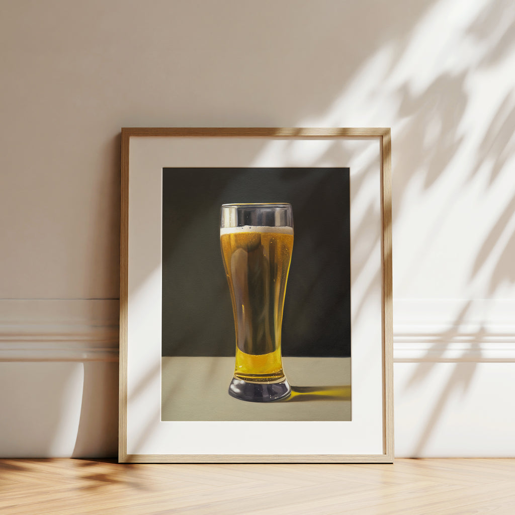 This painting features a freshly poured glass of pilsner beer set against a warm dark background.