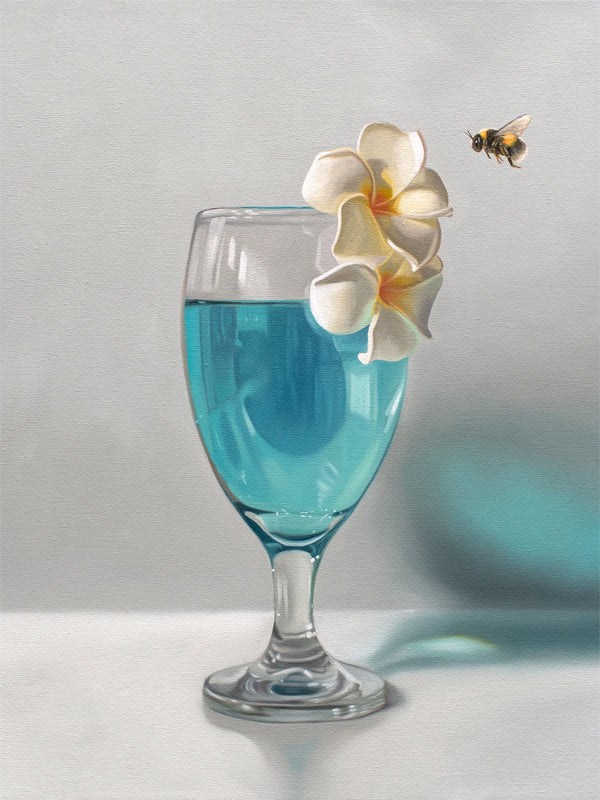 This artwork features a curious bumble bee inspecting a pair of plumeria blossoms that rest upon a tropical blue lagoon cocktail.