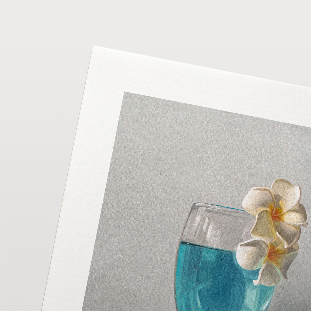 This artwork features a curious bumble bee inspecting a pair of plumeria blossoms that rest upon a tropical blue lagoon cocktail.