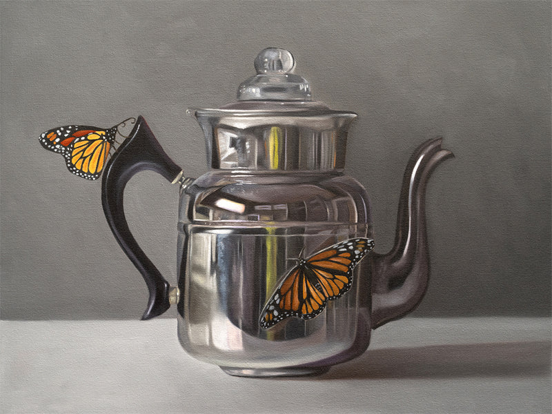 This artwork features a pair of monarch butterflies perched on a vintage reflective kettle.