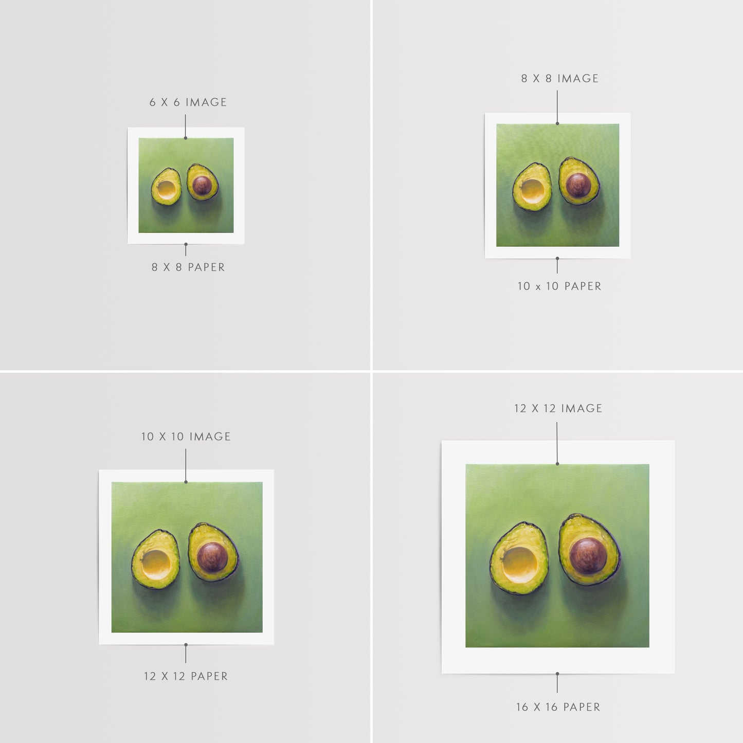 This artwork features a freshly sliced avocado resting on a matching green surface with some nice dramatic lighting.