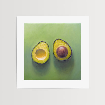 This artwork features a freshly sliced avocado resting on a matching green surface with some nice dramatic lighting.