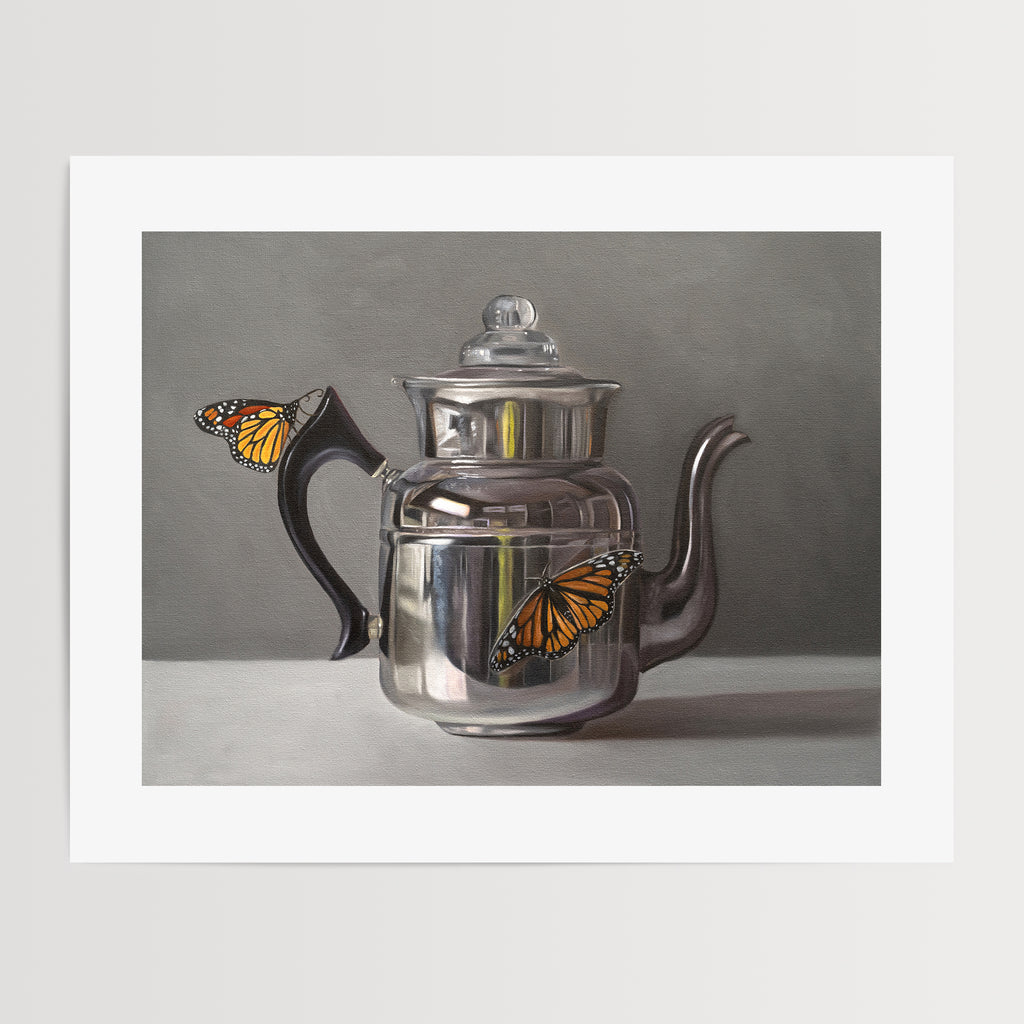 This artwork features a pair of monarch butterflies perched on a vintage reflective kettle.