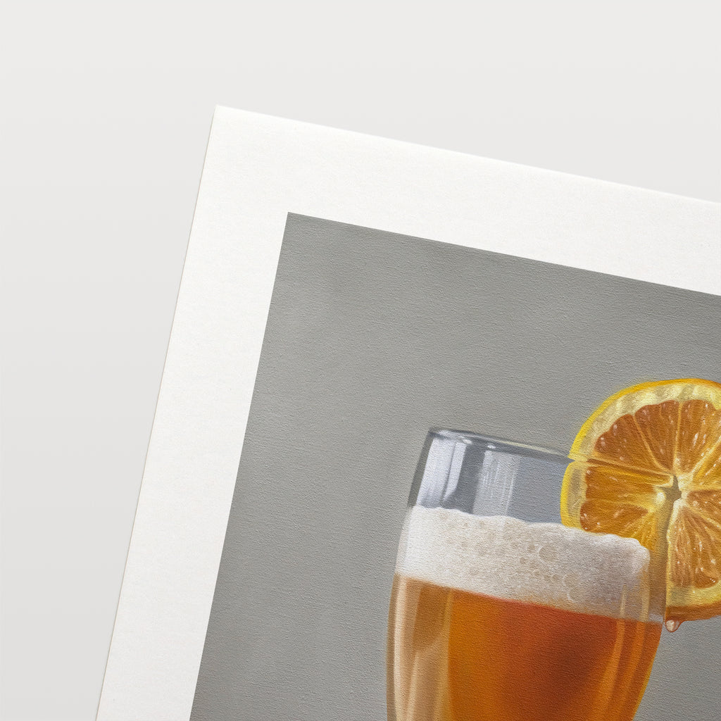 This artwork features a freshly poured Blue Moon beer in a glass with an orange slice and a nice bit of foam.