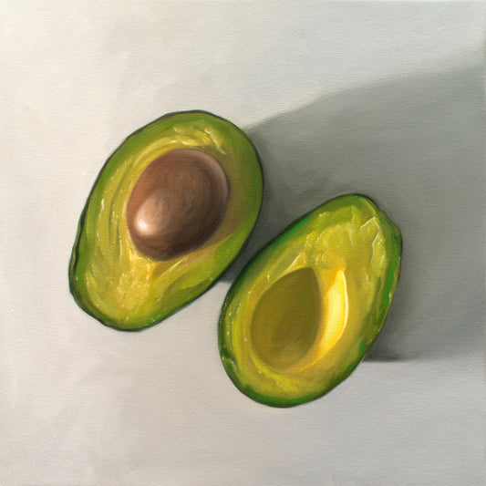 This artwork features a single avocado sliced in half and viewed from above on a light surface.