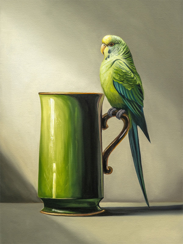 This artwork features a pair green Budgerigar perched on the handle of an ornate green mug.