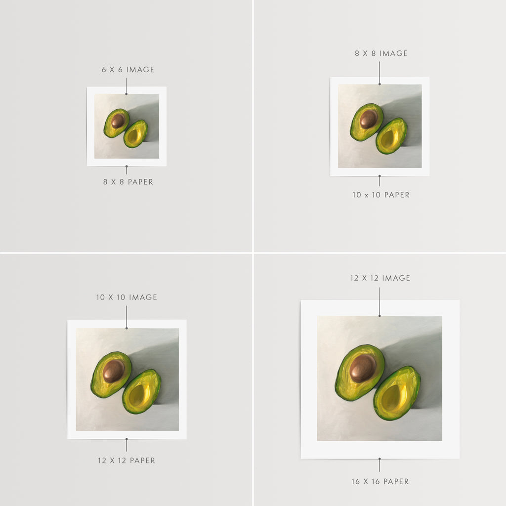 This artwork features a single avocado sliced in half and viewed from above on a light surface.
