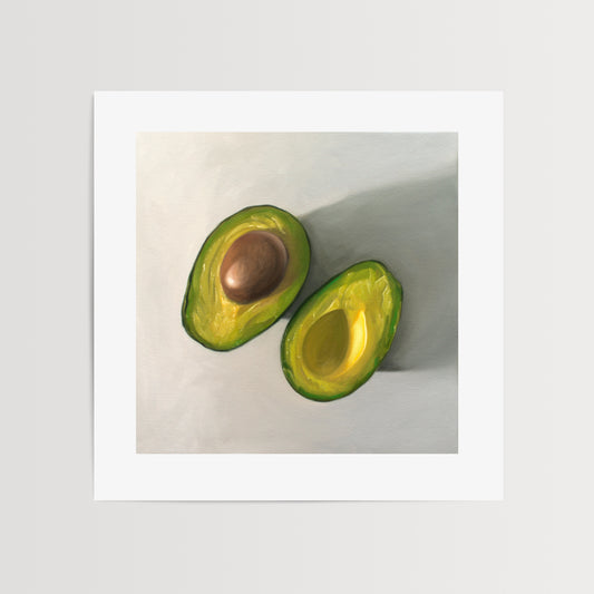 This artwork features a single avocado sliced in half and viewed from above on a light surface.